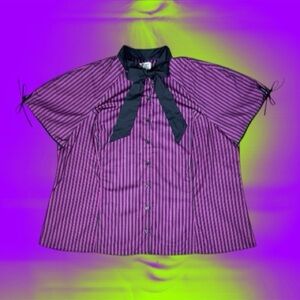 Unique Vintage Black & Fuchsia Striped Bow Short Sleeve Blouse 5X/26